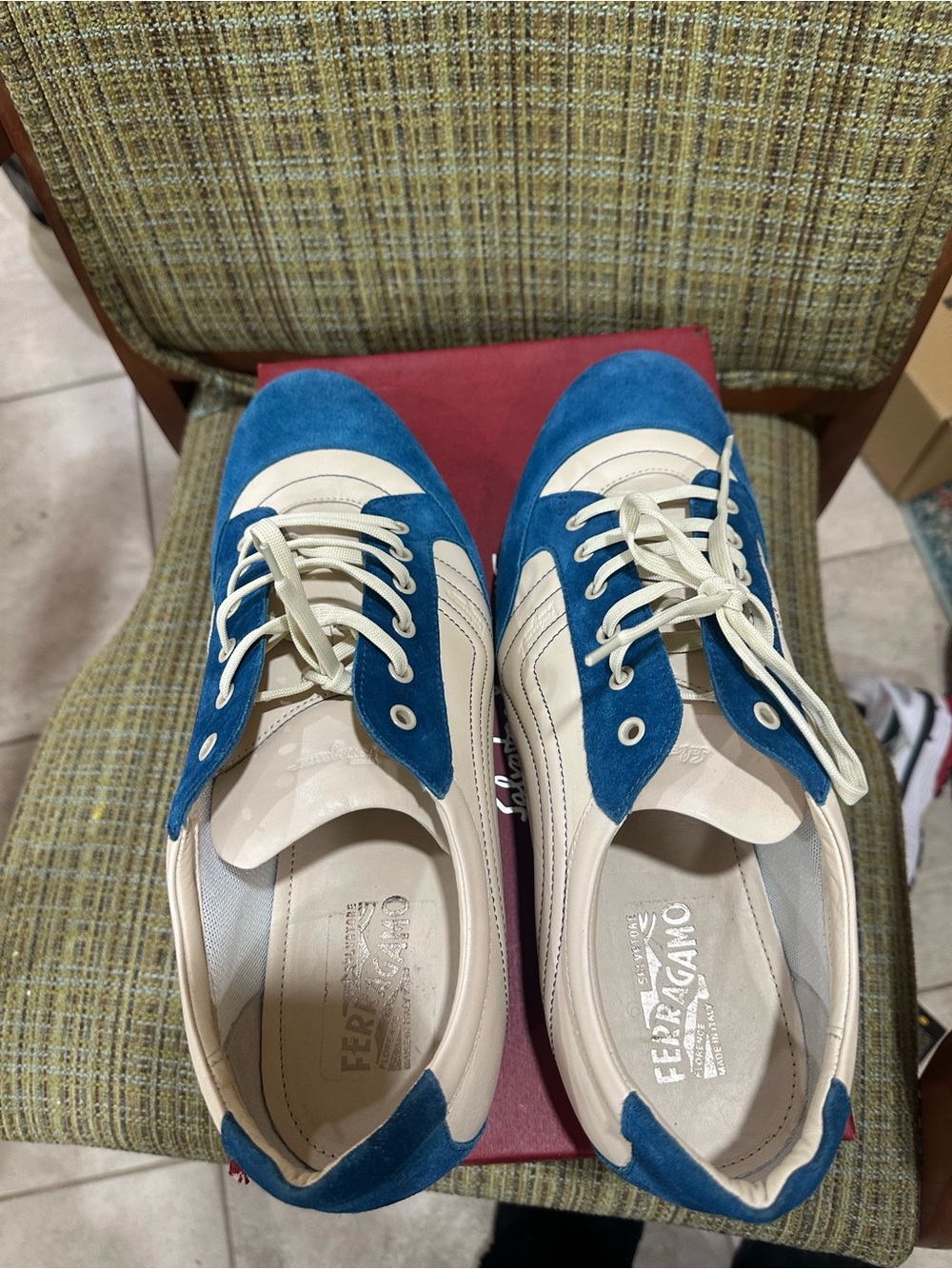 Ferragamo Millie 6 Blue Suede & Cream Lace-Up Sneakers